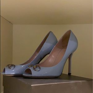 Gucci Patton horse bit open toes pump sky blue
